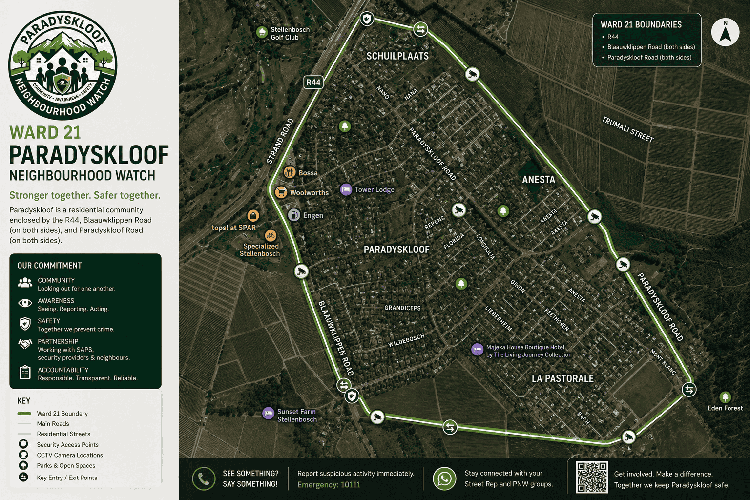 Map of Paradyskloof Ward 21 showing boundaries along the R44, Blaauwklippen Road and Paradyskloof Road, with CCTV and security access overlays.